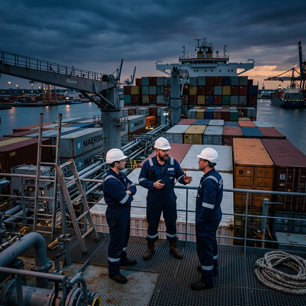 Engineers on ship deck at dusk