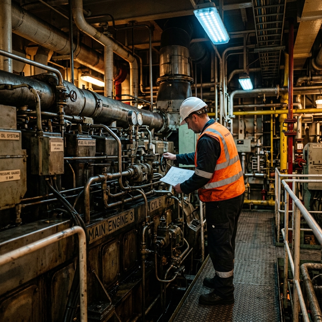 Marine engineer in orange vest working in engine room